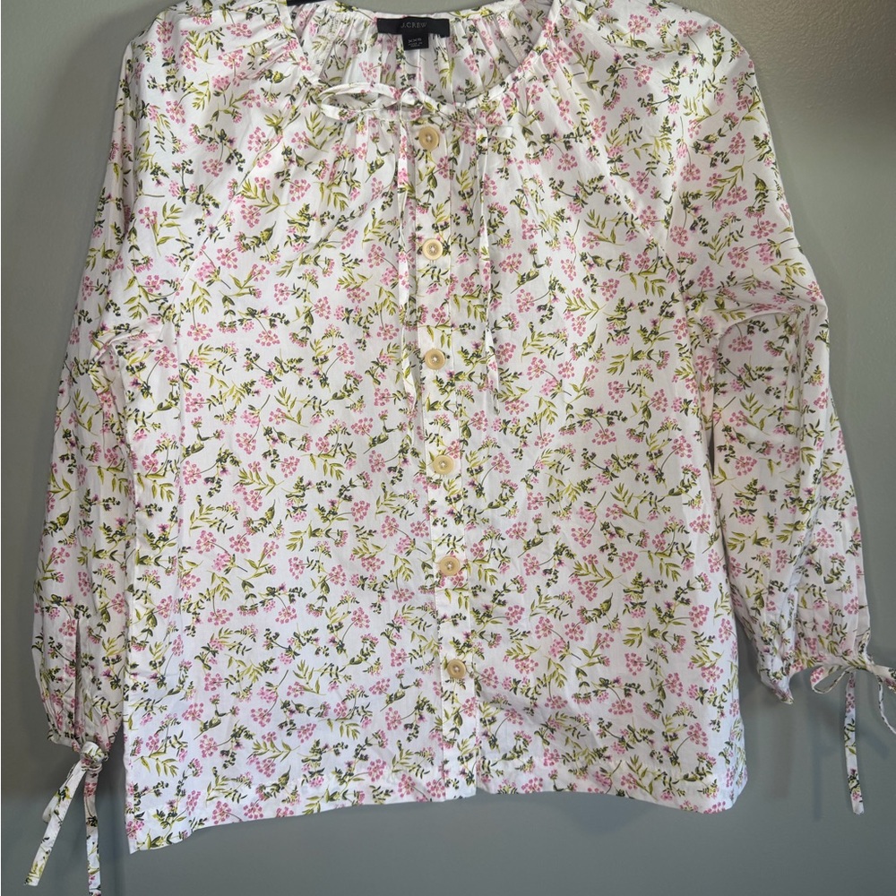 J. Crew White Button-Front Pink Green Floral Blouse Print 3/4 tie sleeves XXS